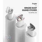 Ringke Airpods 2 / 1 Dust Guard Sticker - Three open AirPods cases on pedestals featuring metallic dust guard stickers.