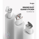 Ringke Airpods 2 / 1 Dust Guard Sticker - Three open AirPods cases on pedestals featuring metallic dust guard stickers.