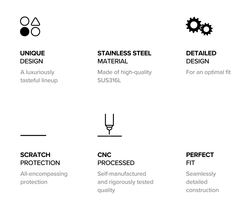 Forerunner 955 | Bezel Styling - Six icons and text labels highlighting stainless steel, CNC processing, and protective features.