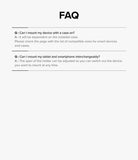 Ringke Stand Floor Holder - FAQ list addressing device case compatibility and adjustable holder span for tablets and phones.