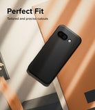 Google Pixel 9a Case | Onyx Magnetic - Black phone case with precise camera cutouts on a tan and white background.