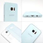 Galaxy S7 Edge Case | Slim - Four views of a translucent light blue slim phone case on a white Samsung Galaxy S7 Edge.