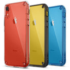 iPhone XR Case | Fusion - Three transparent iPhone XR cases in red, yellow, and blue arranged in a row against a white background.