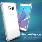 Galaxy Note 5 Case | Fusion - Clear protective phone case shown from front and back angles against a blue background.