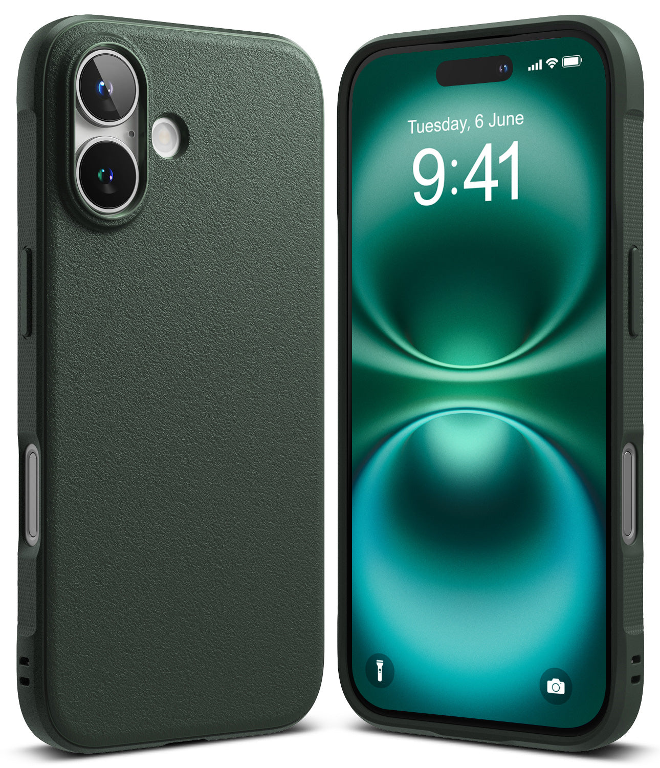 iPhone 16 Case | Onyx - Dark green textured iPhone 16 case shown from back and front with a matching green abstract wallpaper.