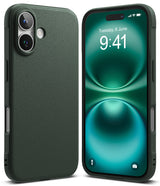 iPhone 16 Case | Onyx - Dark green textured iPhone 16 case shown from back and front with a matching green abstract wallpaper.