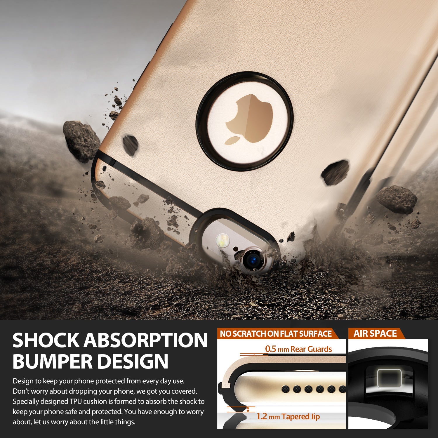 iPhone 6s Plus Case | Max - Black - Gold iPhone 6s Plus in a protective case hitting dirt with diagrams showing shock absorption and guards.