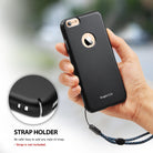 iPhone 6 Plus Case | Slim Logo-Cut - Hand holding black phone case with Apple logo cutout and integrated strap hole.