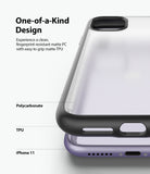 iPhone 11 Case | Fusion Matte - Close-up of a matte black phone case on a purple iPhone 11, highlighting polycarbonate and TPU layers.