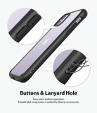 iPhone 11 Case | Fusion Matte - Close-up of phone case buttons and QuikCatch lanyard holes with a strap threaded through.