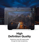 Tempered Glass | iPad - Transparent screen protector hovering over an iPad displaying a vibrant night cityscape.