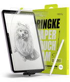 Paper Touch Film Hard | iPad - iPad screen protector being applied to an iPad displaying a pencil sketch of a dog, with packaging.