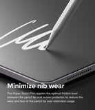 Paper Touch Film Soft | iPad - White stylus drawing on a matte iPad screen protector with text about minimizing nib wear.