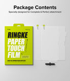 Paper Touch Film Soft | iPad - Ringke screen protector packaging next to two clear film sheets and a small installation tool.