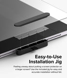 Paper Touch Film Soft | iPad - Installation jig aligning a screen protector onto an iPad screen with dotted guide lines.