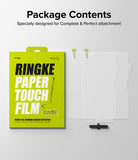 Paper Touch Film Hard | iPad - Ringke screen protector packaging next to two clear film sheets and a small black installation tool.
