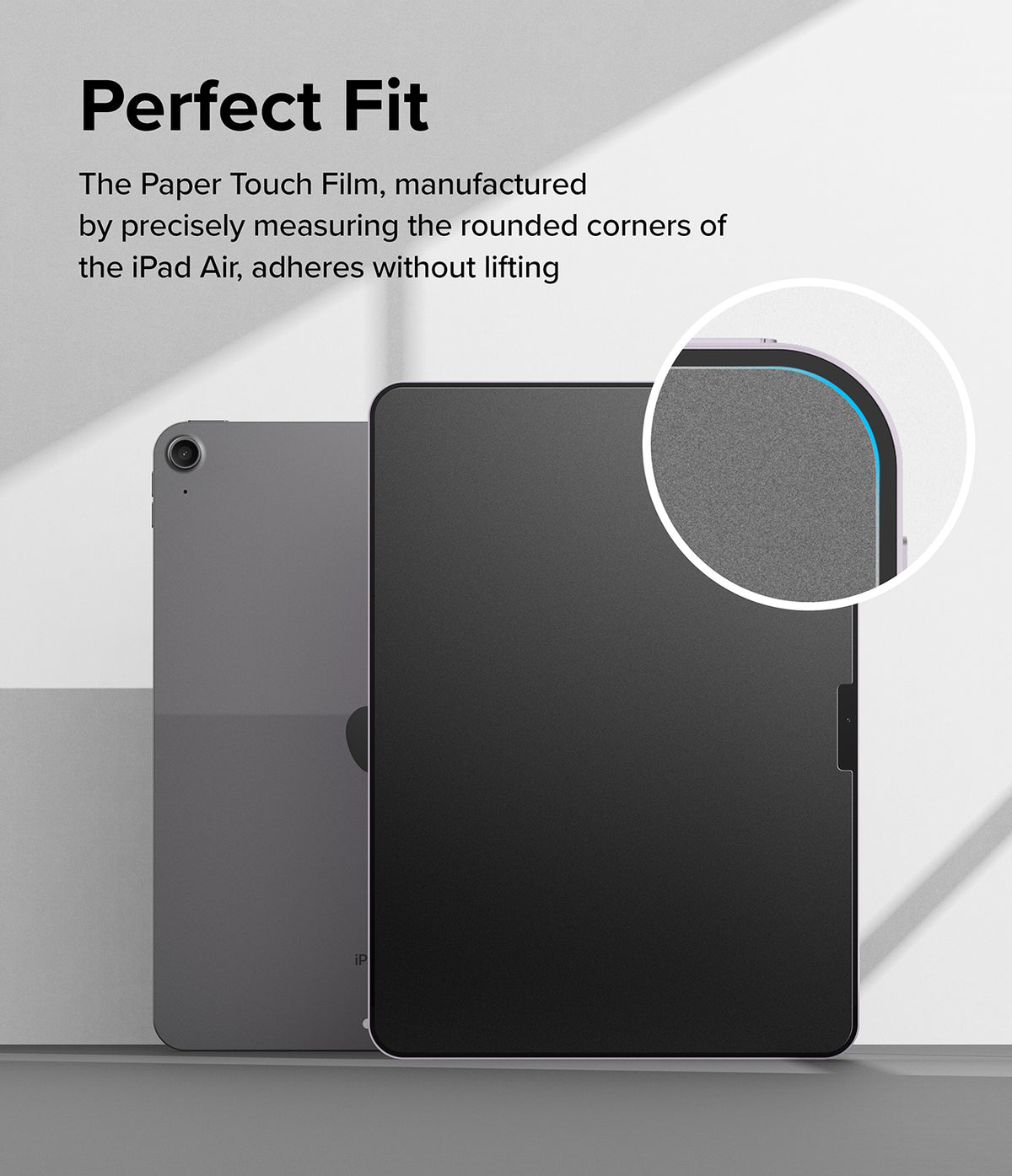 Paper Touch Film Soft | iPad - Close-up of an iPad screen protector showing a precise fit around the rounded corner.