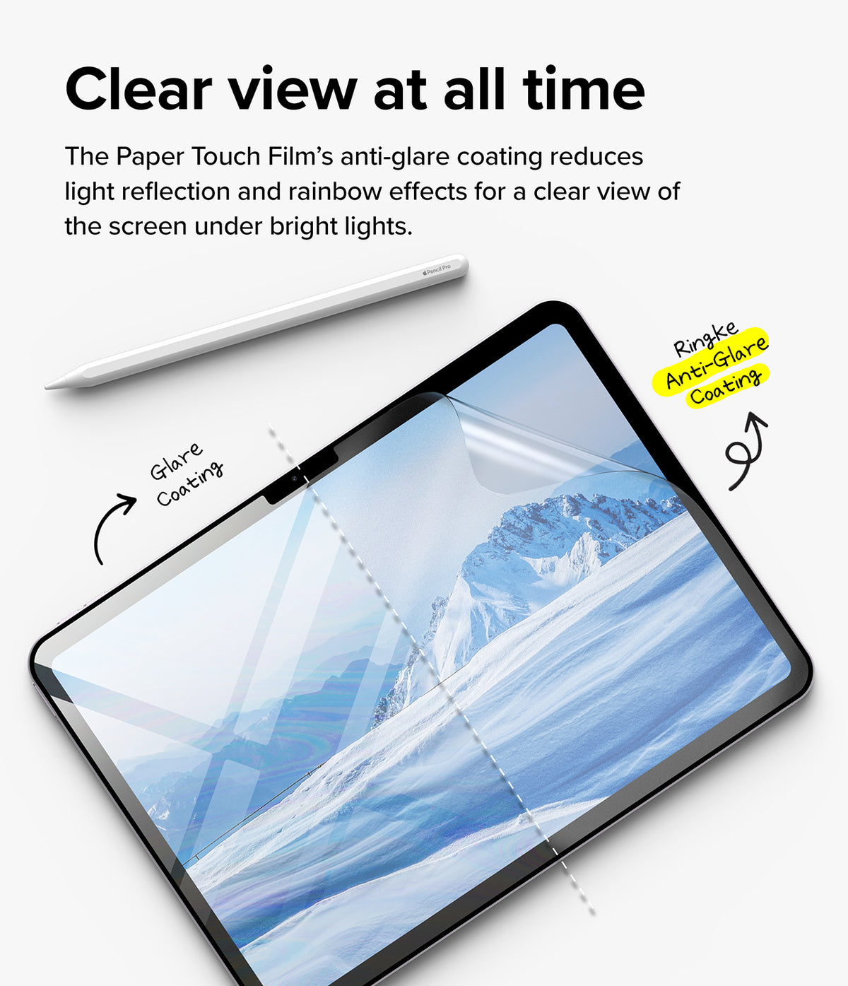 Paper Touch Film Soft | iPad - iPad screen split between glossy glare and matte anti-glare finish with a stylus pen.