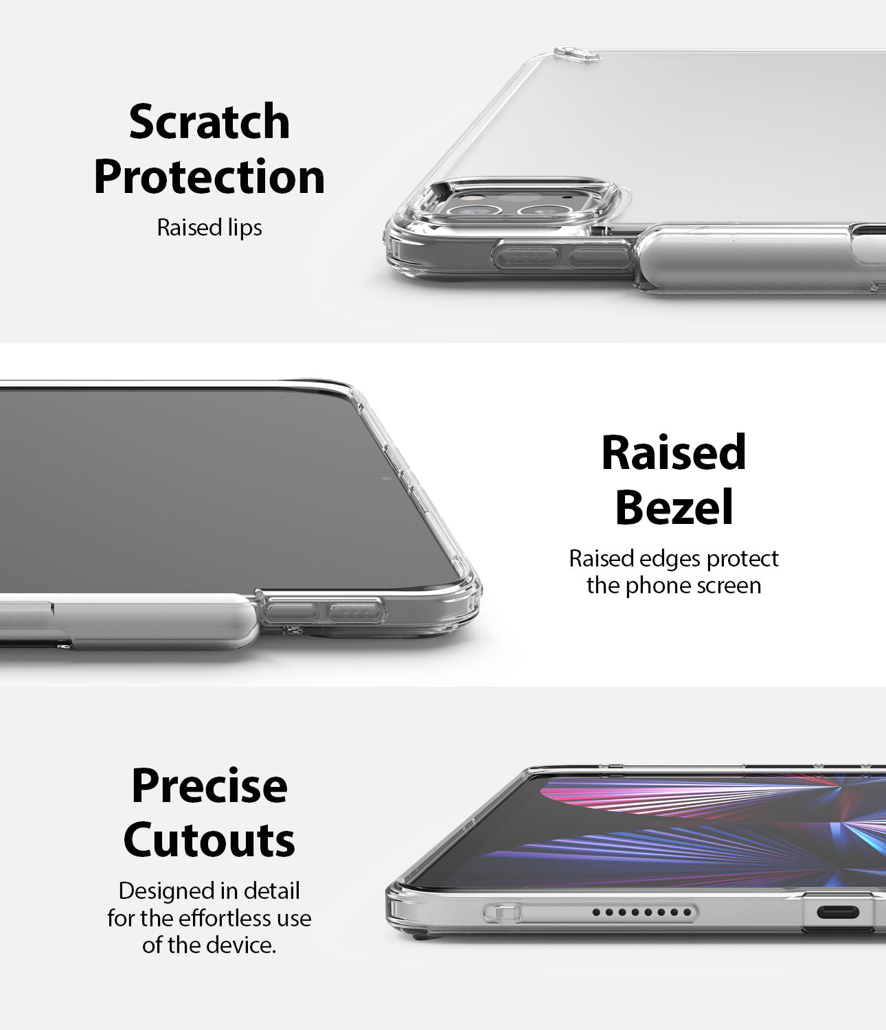 Fusion | iPad - Clear case features showing raised lips for camera protection, raised screen bezels, and precise port cutouts.