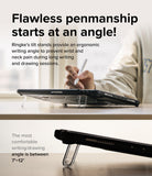 Fusion Sketch Stand | iPad -  iPad tilted on a transparent stand with a hand using a stylus to write on the screen.