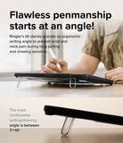 Fusion Sketch Stand | iPad - A person using a stylus on an iPad propped up by a clear, ergonomic tilt stand on a desk.
