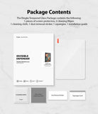 Invisible Defender Glass | iPad - Package contents including screen protector, cleaning wipes, cloth, sticker, and squeegee.
