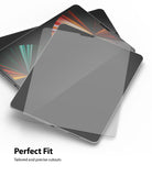 Invisible Defender Glass | iPad - Clear tempered glass screen protector hovering above an iPad with precise cutouts.