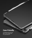 Invisible Defender Glass | iPad - iPad with screen protector and clear case, showing a case-friendly fit with a stylus.