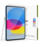 Tempered Glass | iPad - iPad with a glass screen protector being applied, next to a stylus and product packaging.