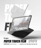 Paper Touch Film Soft | iPad - Matte screen protector being applied to an iPad Pro with a stylus, showing a sketch.
