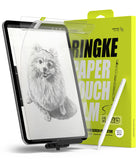 Paper Touch Film Hard | iPad - iPad screen protector being applied to a tablet displaying a pencil sketch of a dog, with packaging.