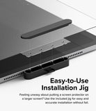 Paper Touch Film Soft | iPad - An installation jig aligning a screen protector onto an iPad screen with dotted guide lines.