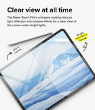 Paper Touch Film Soft | iPad - iPad screen split between glossy glare and clear anti-glare film with an Apple Pencil nearby.