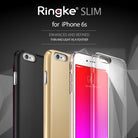 iPhone 6s Case | Slim - Three iPhone 6s phones in black, gold, and clear slim cases against a dark geometric background.