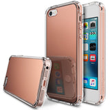 iPhone SE / 5s / 5 Case | Mirror - Rose gold mirrored phone case with clear bumper, shown on and off an iPhone.