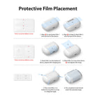 AirPods Pro Case - Peach Pink - Six-step instructional diagram showing how to apply protective films to an AirPods Pro case.