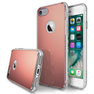iPhone 7 Case | Mirror - Rose gold reflective phone cases shown from back and side angles with an iPhone screen visible.
