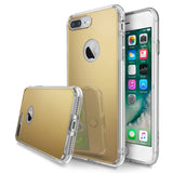 iPhone 7 Plus Case | Mirror - Gold reflective phone case with clear bumper, shown from back and side angles on an iPhone.