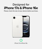 iPhone 17e / 16e | Camera Lens Frame Glass - iPhone 17e / 16e - White smartphone showing back camera lens and front screen with text confirming device compatibility.