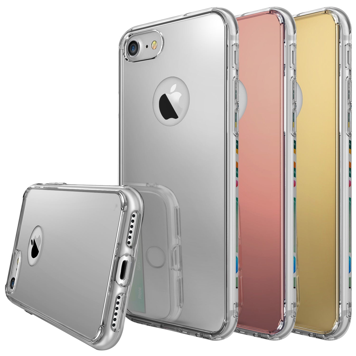 iPhone 7 Case | Mirror - Four reflective mirror-finish iPhone 7 cases in silver, rose gold, and gold colors.