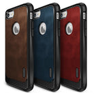 iPhone 7 Case | Flex S - Three iPhone 7 cases in brown, blue, and red with black carbon fiber accents and Apple logo cutouts.