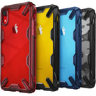 iPhone XR Case | Fusion-X - Four rugged Ringke Fusion-X cases in red, yellow, blue, and camo, showcasing iPhone XR backs.