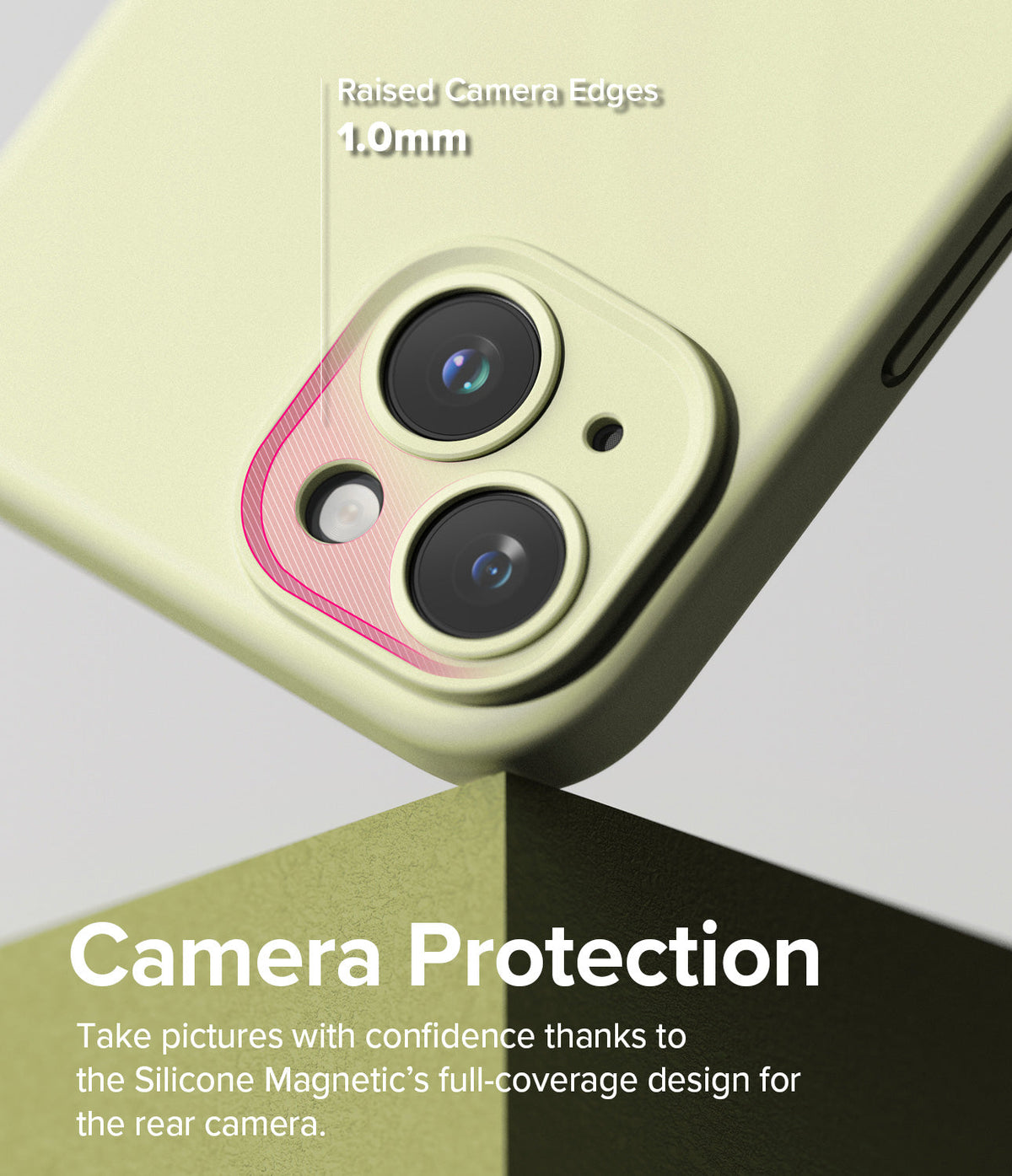 iPhone 15 Case | Silicone Magnetic - Lime green phone case with 1.0mm raised edges protecting the dual camera lenses.