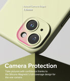 iPhone 15 Case | Silicone Magnetic - Lime green phone case with 1.0mm raised edges protecting the dual camera lenses.