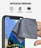 Microfiber Cleaning Cloth [Small] - A hand uses a gray Lupin microfiber cloth to clean a smartphone screen displaying a reef.