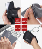 Microfiber Cleaning Cloth [Small] - Four panels showing hands using a Lupin microfiber cloth to clean a phone, ring, laptop, and glasses.