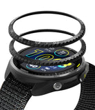 Forerunner 965 | Bezel Styling & Band - Exploded view of a black Garmin Forerunner 965 watch with a textured bezel hovering above.