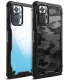 Redmi Note 10 Pro / 10 Pro Max Case | Fusion-X - Two rugged black phone cases, one clear and one camo, for Redmi Note 10.
