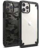 iPhone 12 / 12 Pro Case | Fusion-X - Two rugged black protective cases, one with camo pattern and one clear, for iPhone.