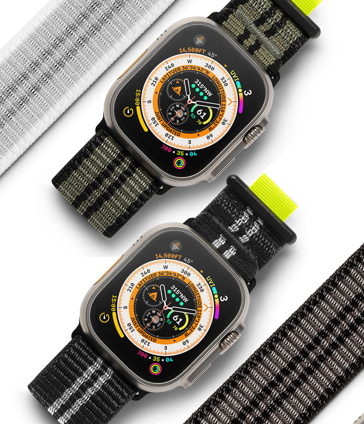 Apple Watch 49·46·45·44·42 mm | Sports Air Loop - Two Apple Watches with Wayfinder faces and patterned fabric bands.